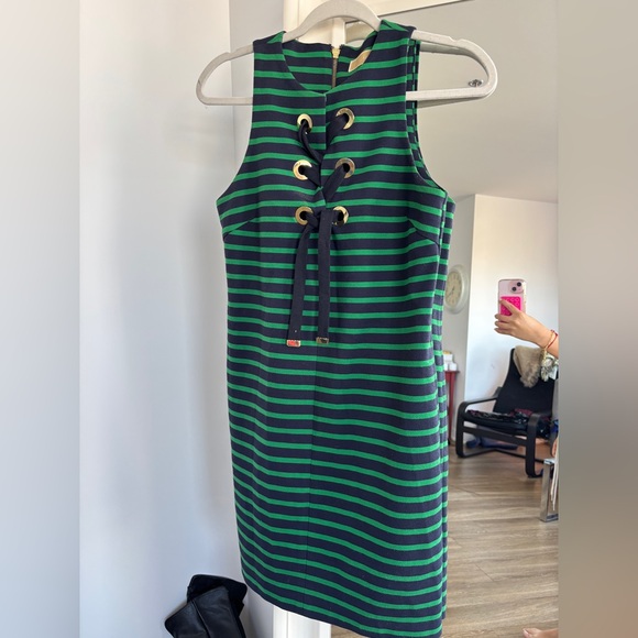 Michael Kors Green and Black Midi Dress with Gold Accents - Picture 3 of 4